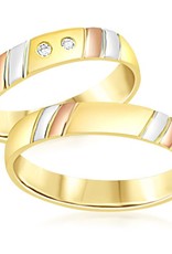 18 karat white and yellow and rose gold wedding rings with matt and shiny finish with 0.06 ct diamonds