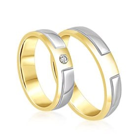 18 karat white and yellow gold wedding rings with matt and shiny finish with 0.04 ct diamond