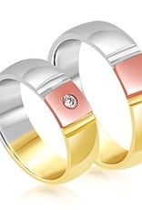 18 karat white and yellow and rose gold wedding rings with matt and shiny finish with 0.05 ct diamond
