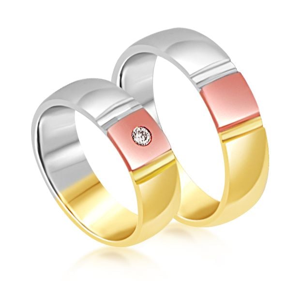 18 karat white and yellow and rose gold wedding rings with matt and shiny finish with 0.05 ct diamond