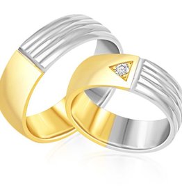 18 karat white and yellow gold wedding rings with matt and shiny finish with 0.06 ct diamond