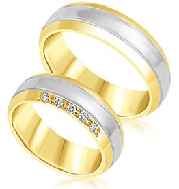 18 karat white and yellow gold wedding rings with matt and shiny finish with 0.10 ct diamonds