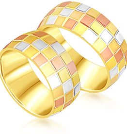 18 karat white and yellow and rose gold wedding rings with matt and shiny finish