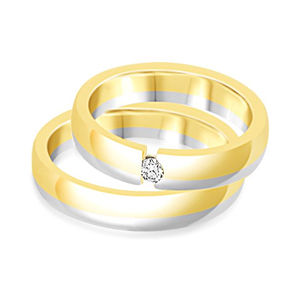 18 karat white and yellow gold wedding rings with matt finish with 0.08 ct diamond