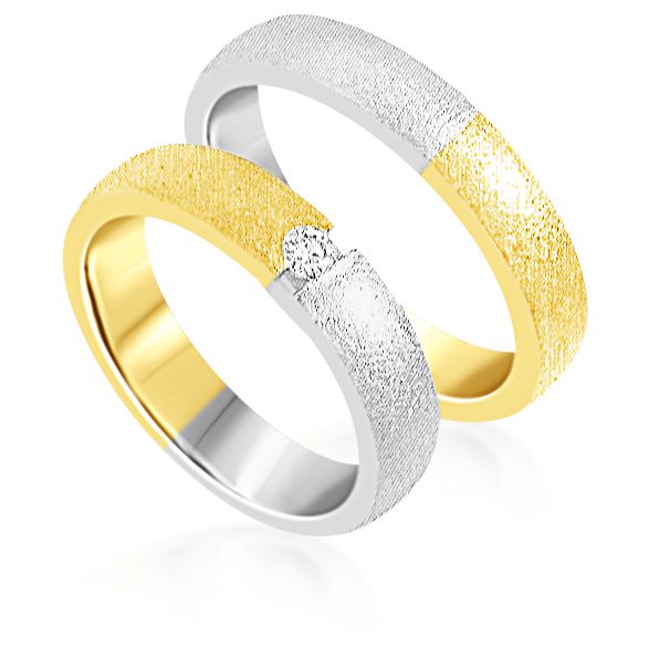 18 karat white and yellow gold wedding rings with matt finish with 0.08 ct diamond