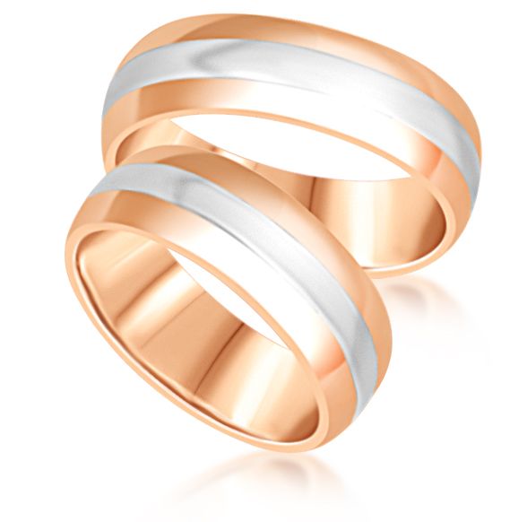 18 karat white and rose gold wedding rings with matt and shiny finish