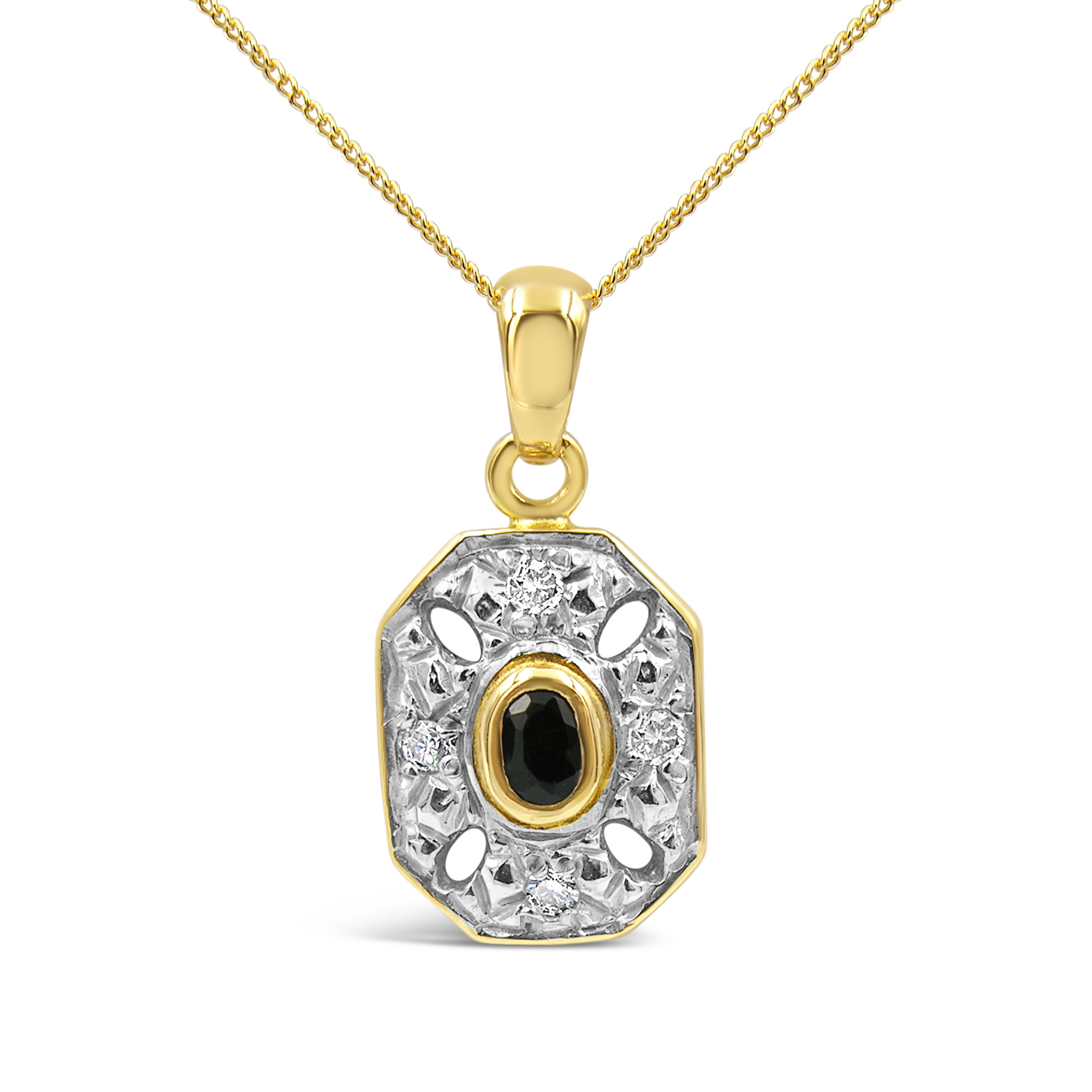 18 karat yellow & white gold pendant with 0.08 ct diamonds & 0.05 ct sapphire