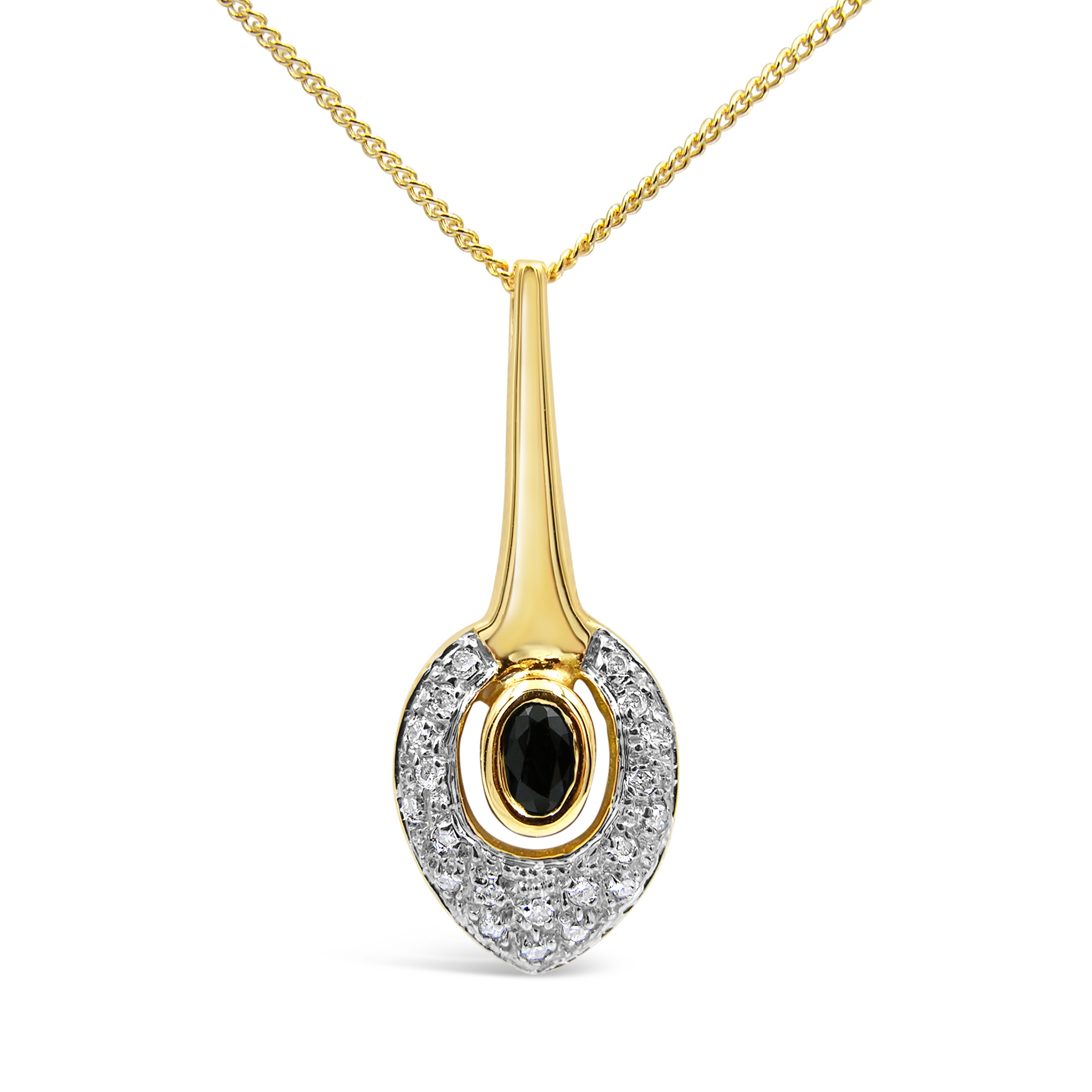 18 karat yellow & white gold pendant with 0.10 ct diamonds & 0.25 ct sapphire