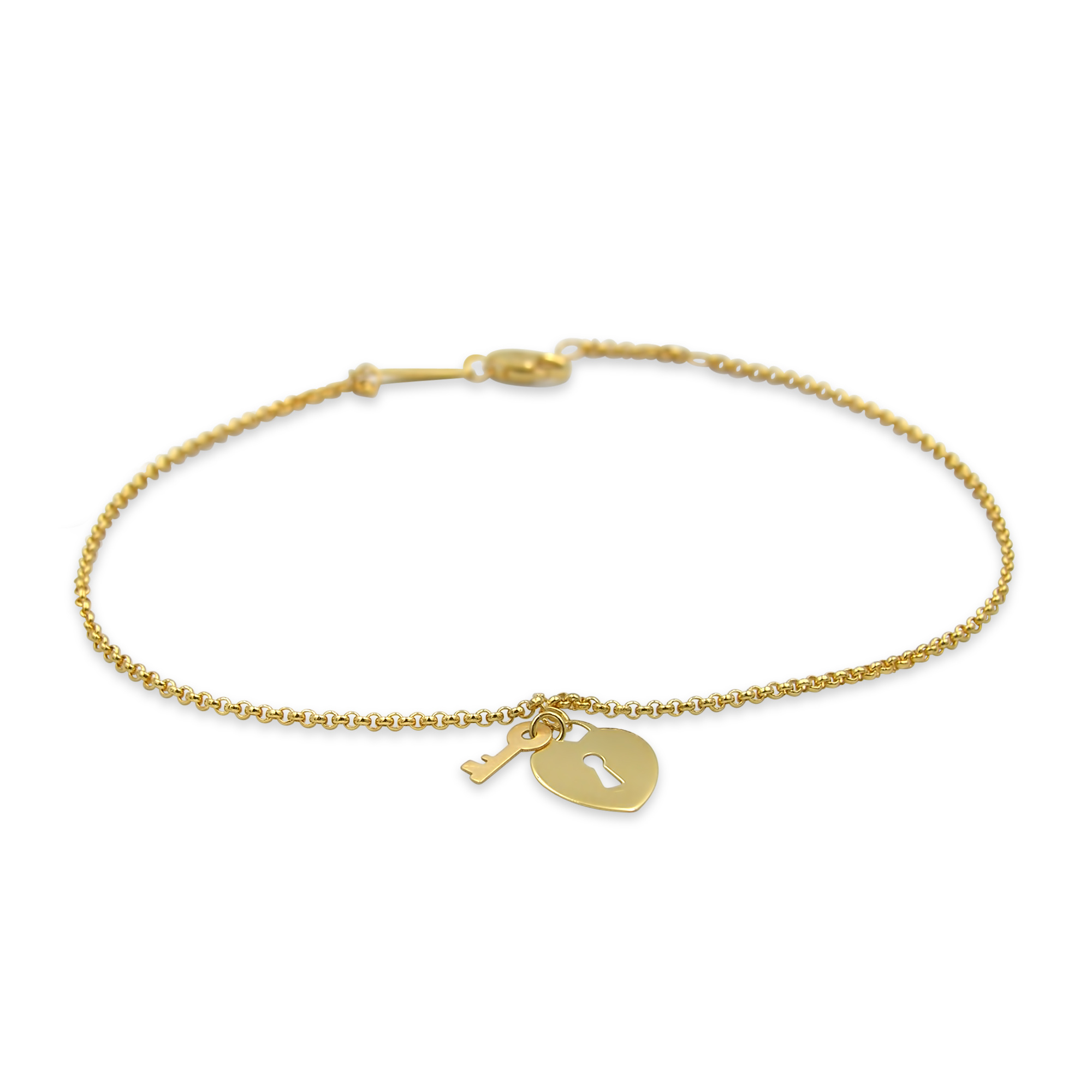 18 kt yellow gold charm bracelet with heart lock key