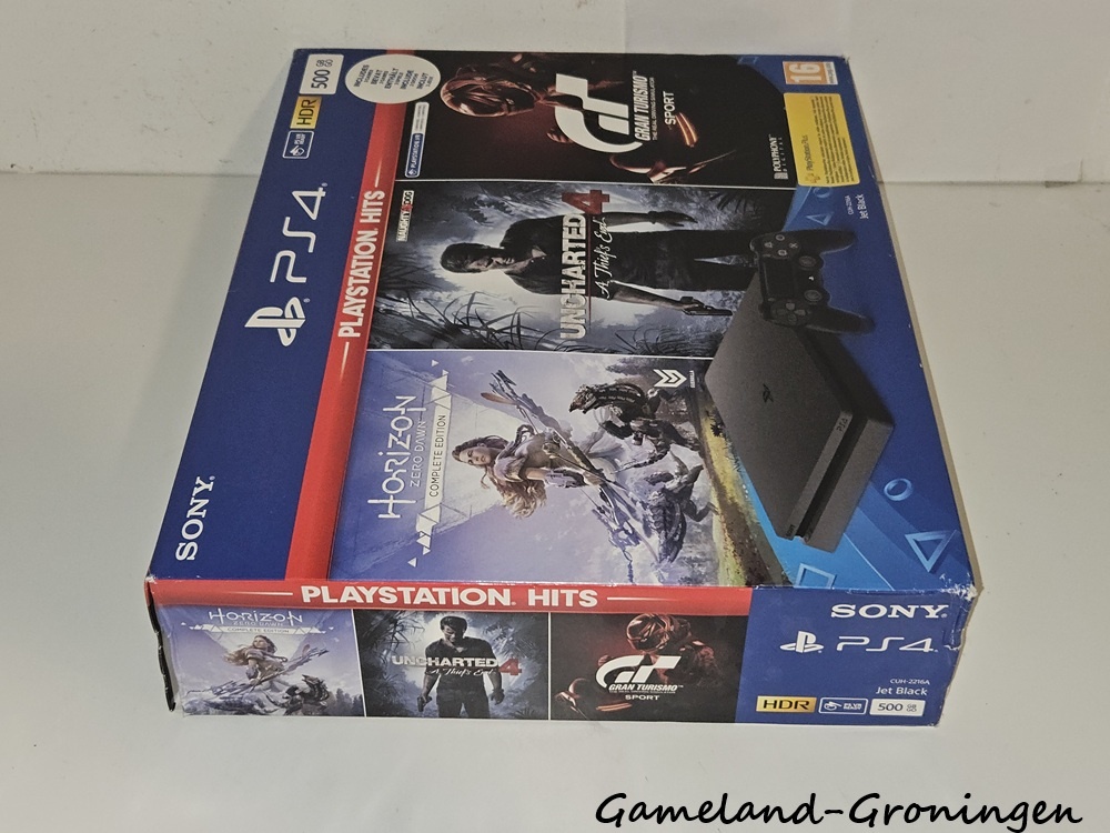 PlayStation 4 Slim 500GB Horizon Zero Dawn, Uncharted 4 & GT Sport Pack met 1 Controller & Bedrading