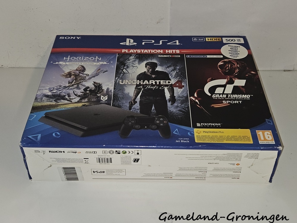 PlayStation 4 Slim 500GB Horizon Zero Dawn, Uncharted 4 & GT Sport Pack met 1 Controller & Bedrading