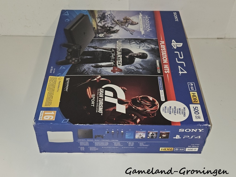 PlayStation 4 Slim 500GB Horizon Zero Dawn, Uncharted 4 & GT Sport Pack met 1 Controller & Bedrading