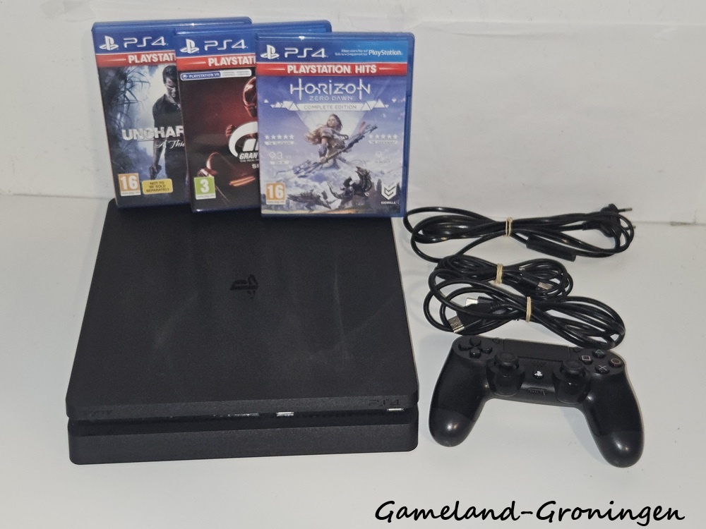 PlayStation 4 Slim 500GB Horizon Zero Dawn, Uncharted 4 & GT Sport Pack met 1 Controller & Bedrading