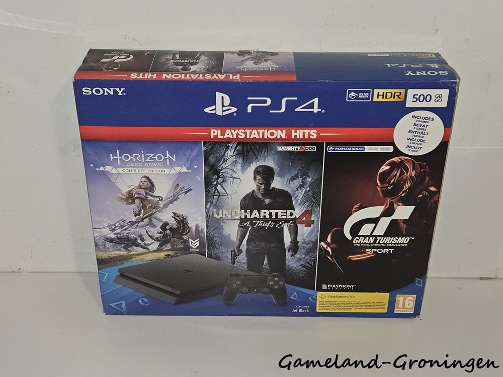 PlayStation 4 Slim 500GB Horizon Zero Dawn, Uncharted 4 & GT Sport Pack met 1 Controller & Bedrading