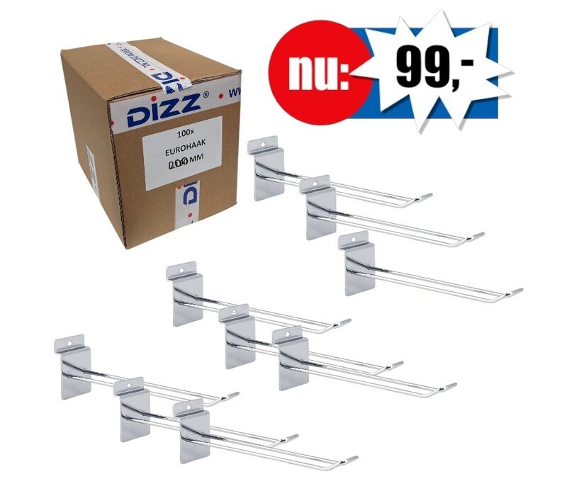 100x Eurohaak ,voor slatwall ,L=20 cm, chroom