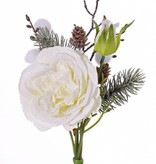 Snow Mixed Bouquet W/Rose, Pom Pom, Twig & Cone, 28cm