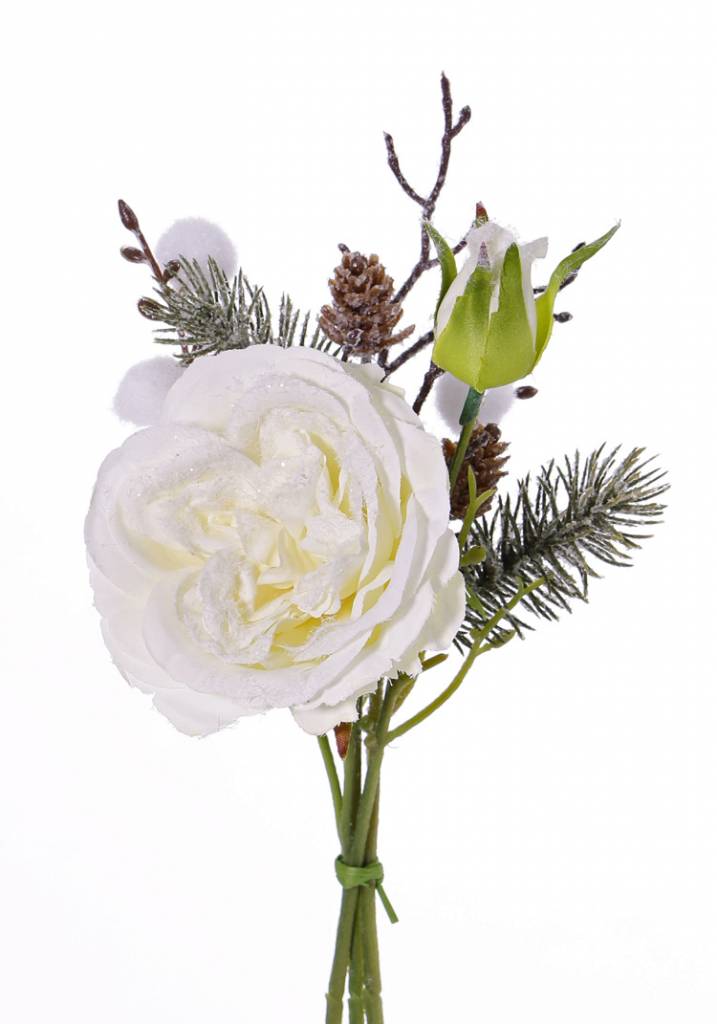 Snow Mixed Bouquet W/Rose, Pom Pom, Twig & Cone, 28cm