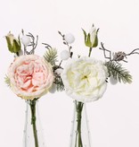 Snow Mixed Bouquet W/Rose, Pom Pom, Twig & Cone, 28cm