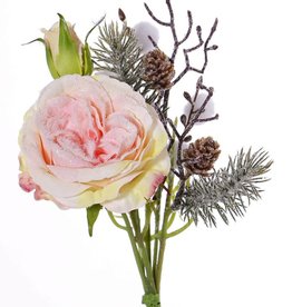 Snow Mixed Bouquet W/Rose, Pom Pom, Twig & Cone, 28cm