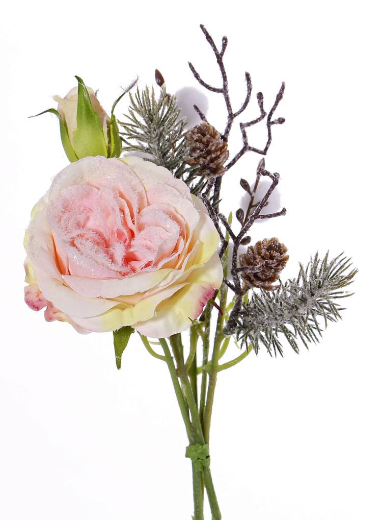 Snow Mixed Bouquet W/Rose, Pom Pom, Twig & Cone, 28cm