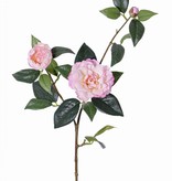 rama de Camellia 'de luxe' 2 flores, 1 capullo & 22 hojas, tallo cubierto, REAL TOUCH, 86cm