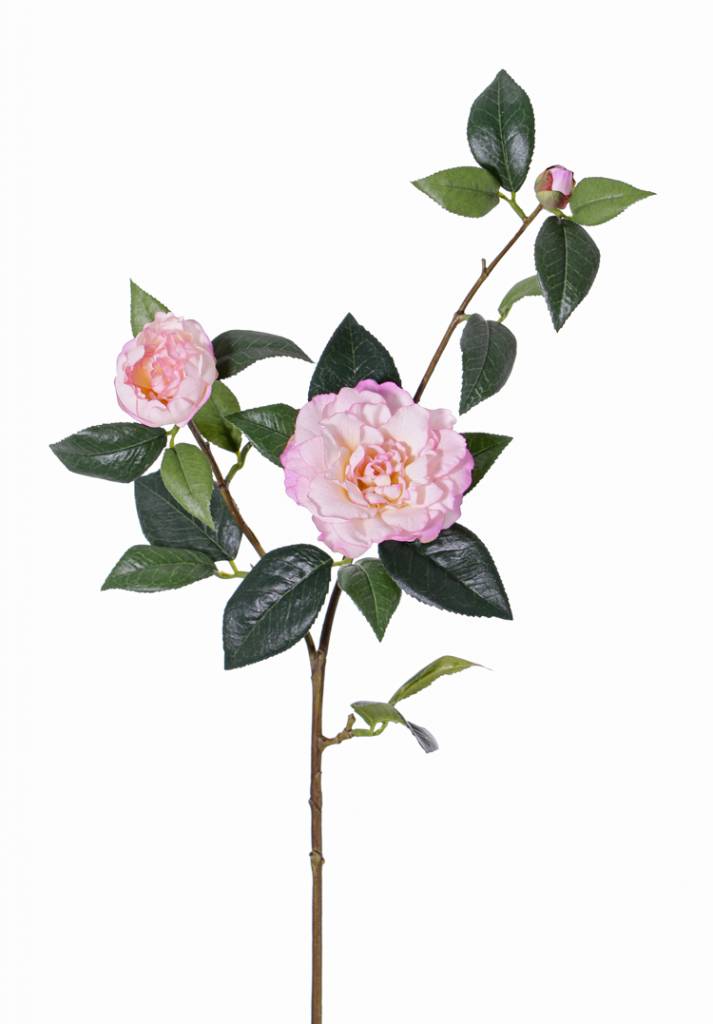 Kamelienzweig "de luxe" 2 Blumen (Ø 10cm / Ø  5cm), 1 Knospe, 22 Blätter, Stiel beschichtet, REAL TOUCH, 86cm