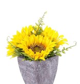 Sunflower table-deco, 3 flowers (Ø9cm/11cm) & 4 leaves, in paper pot  (Ø8cm), 18cm height - special price