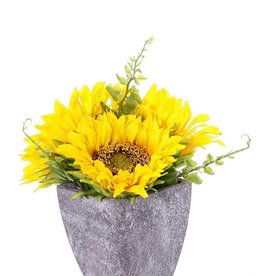 Zonnebloemdeco, 3bloemen (›9cm/11cm) & 4blaadjes, in pot  (Ø8cm), 18cm hoog - speciale prijs
