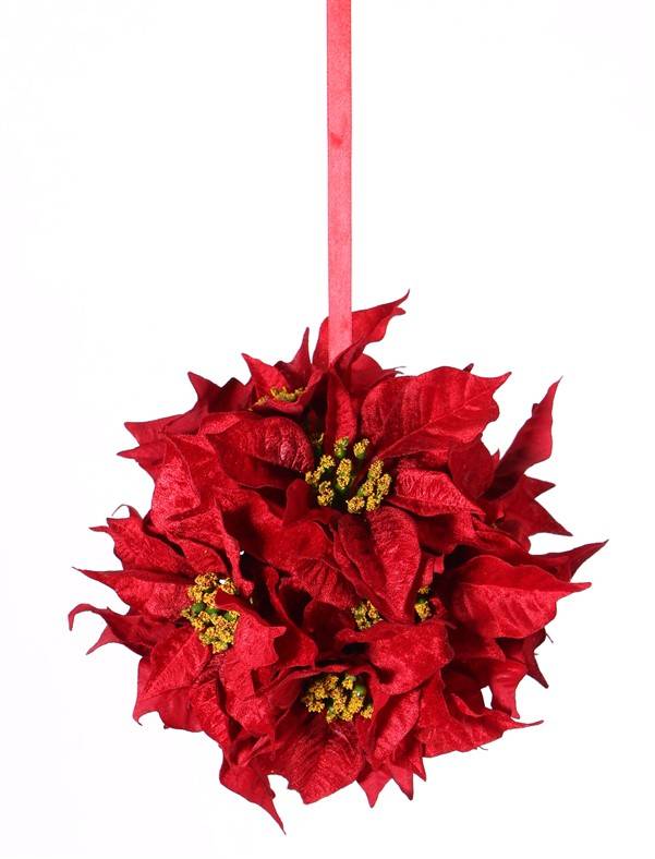 Poinsettia-Ball (Christstern) mit 12 Samtblumen, (Ø18cm) am roten Band, Ø 25cm