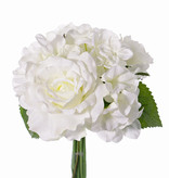 Ramo en mix de hortensia/rosa, rosa x3(Ø 13/8cm), hortensia x3 & 3hojas, 25cm