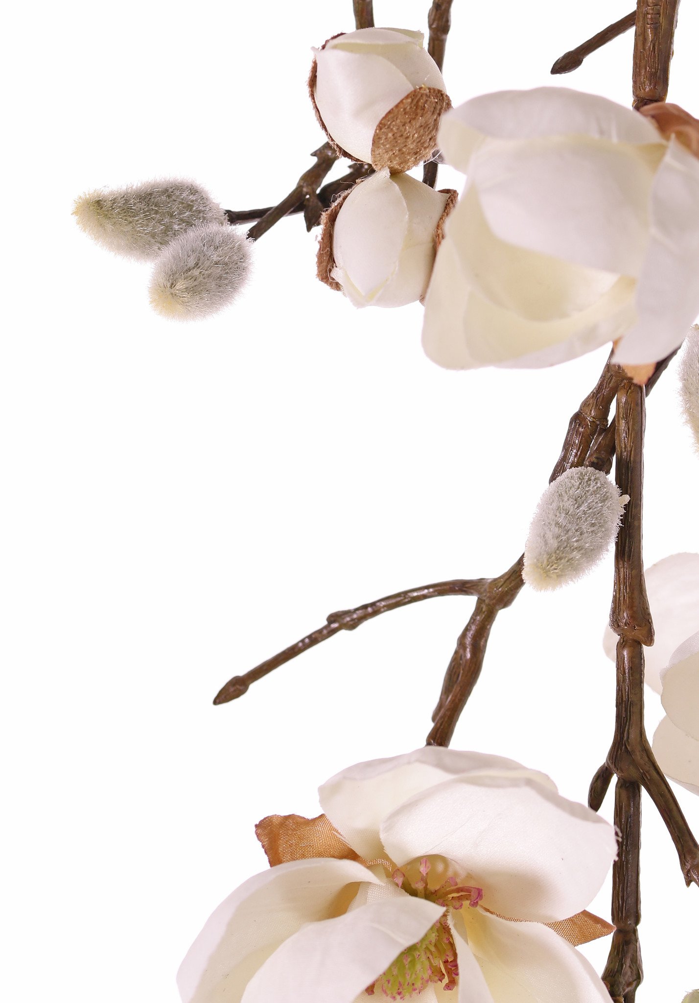 Magnolienzweig, hängend, maxi, 4 Verzweigungen, 7 Blumen u. 5 große u. 15 kleine Knospen, 115 cm