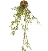 Kokedama -  Colgante de bambú 'Green Wave' sobre bola de musgo Ø 8 cm, 25 racimos de hojas de plástico, con cuerda, 60 cm