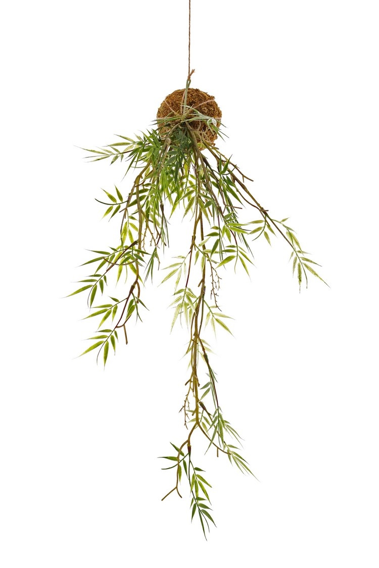 Bamboo 'Green wave' on a moss ball Ø 8 cm, 25 plastic leaf clusters, with rope, 60 cm