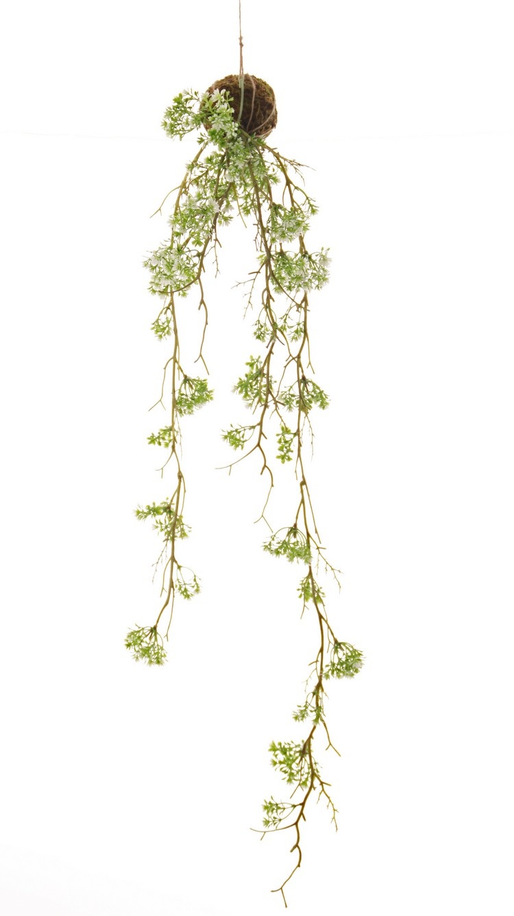 Kokedama -Daisy 'Green Wave' on moss ball Ø 8 cm, 76 plastic flowers, 90 cm