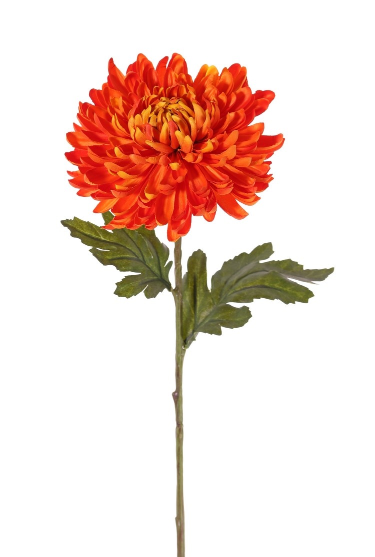 Bolchrysant (Chrysanthemum), 1 bloem (Ø 14 cm, H. 5 cm) & 2 blad (polyester), groene steel, 65 cm