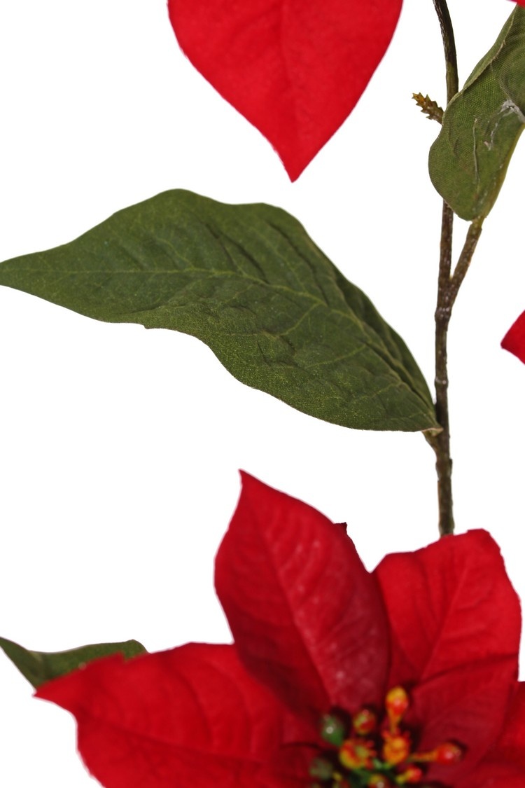 Poinsettia, Weihnachtsstern, Christstern, 3x verzweigt, 3 Blumen (Samt), Ø 14 cm, H. 3 cm) & 5 Blätter (12 x 8cm), 80 cm