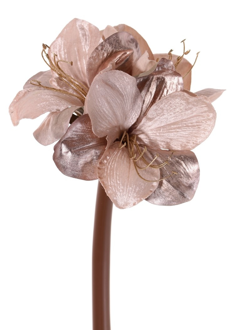 Amaryllis 'Glamour', 3 bloemen Ø 9 cm, H. 14 cm, (velvet & polyester), gouden plastic meeldraden, 69 cm