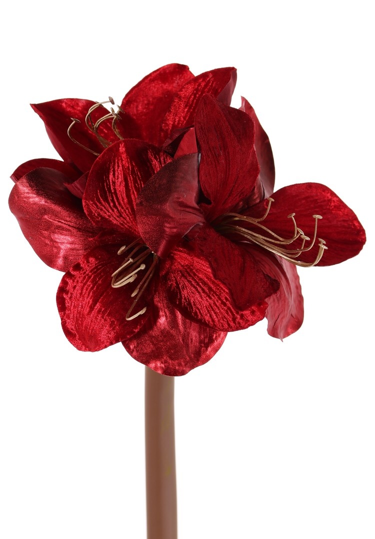 Amaryllis 'Glamour', 3 bloemen Ø 9 cm, H. 14 cm, (velvet & polyester), gouden plastic meeldraden, 69 cm