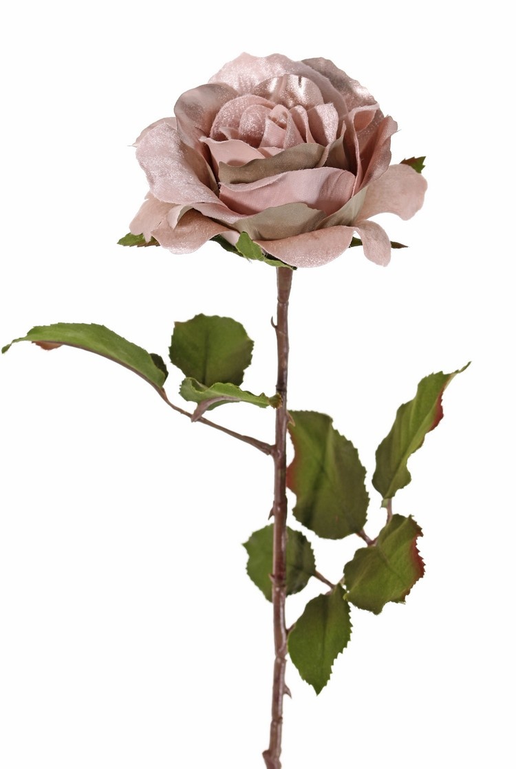 Rose 'Glamour', 1 flower:  Ø 12 cm, h. 7 cm, velvet & polyester, 2 sets of leaves, 8 leaves in total, 61 cm