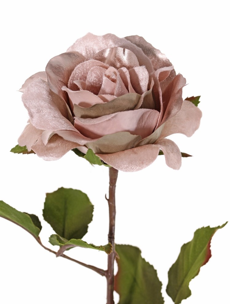 Rose 'Glamour', 1 flower:  Ø 12 cm, h. 7 cm, velvet & polyester, 2 sets of leaves, 8 leaves in total, 61 cm