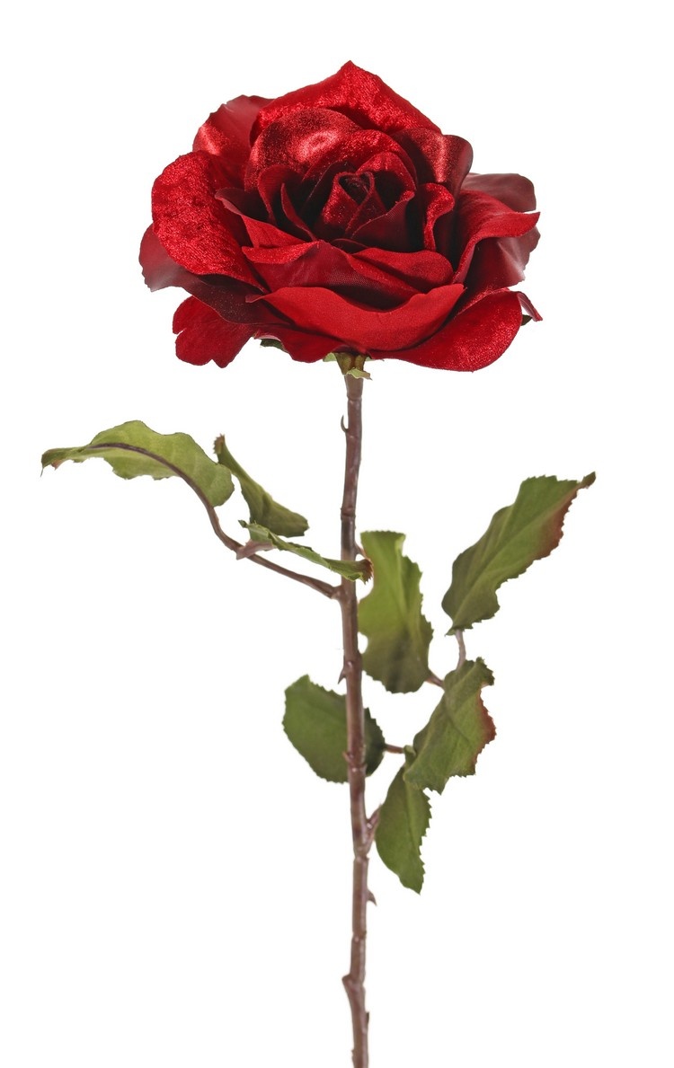 Rose 'Glamour', 1 Blume: Ø 12 cm, H. 7 cm, Samt & Polyester, 2 Blattsets mit insgesamt 8 Blättern, 61 cm