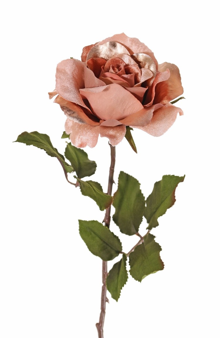 Roos (Rosa) 'Glamour', 1 bloem (Ø 12 cm, H. 7 cm, velvet & polyester), 2 sets blad (8 stk.), 61 cm