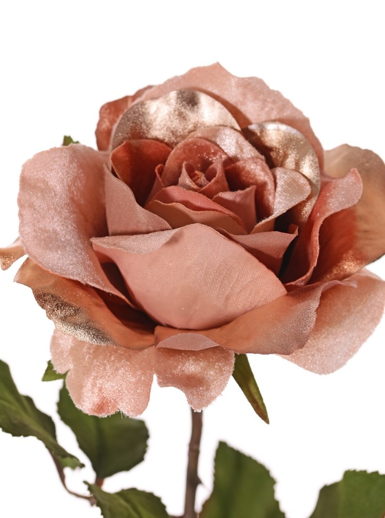 Rose 'Glamour', 1 Blume: Ø 12 cm, H. 7 cm, Samt & Polyester, 2 Blattsets mit insgesamt 8 Blättern, 61 cm