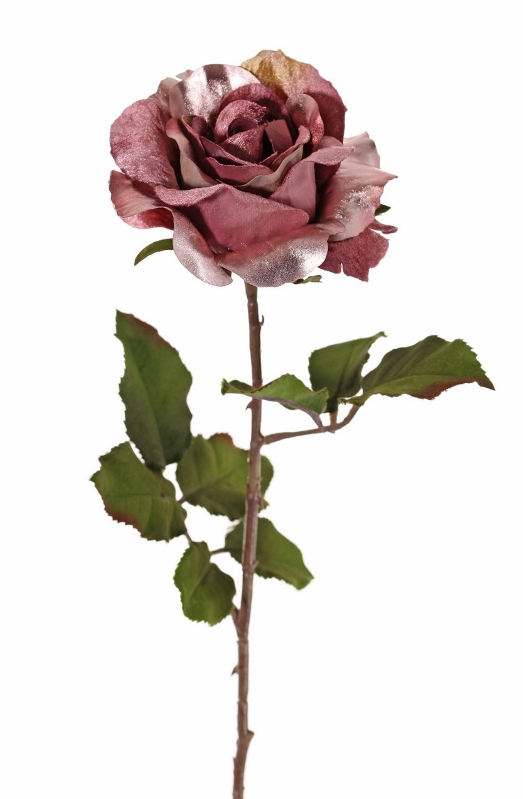 Rose 'Glamour', 1 Blume: Ø 12 cm, H. 7 cm, Samt & Polyester, 2 Blattsets mit insgesamt 8 Blättern, 61 cm