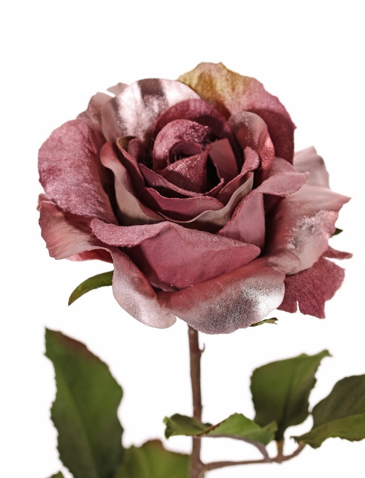 Roos (Rosa) 'Glamour', 1 bloem (Ø 12 cm, H. 7 cm, velvet & polyester), 2 sets blad (8 stk.), 61 cm