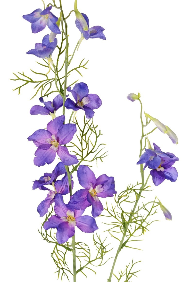 Delphinium (Ridderspoor) 2x vertakt, met 12 bloemen (4L/4M/4Sm), 7 knopjes (3cm) & 7 bladeren, 96 cm