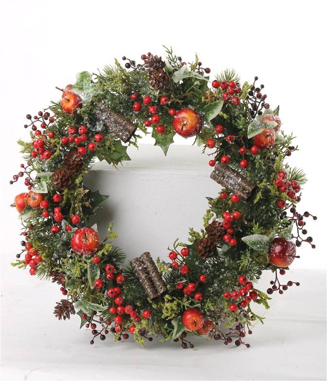 Christmas wreath with appel, red berries, cones, ivy (frozen ice) Ø 21cm/37cm