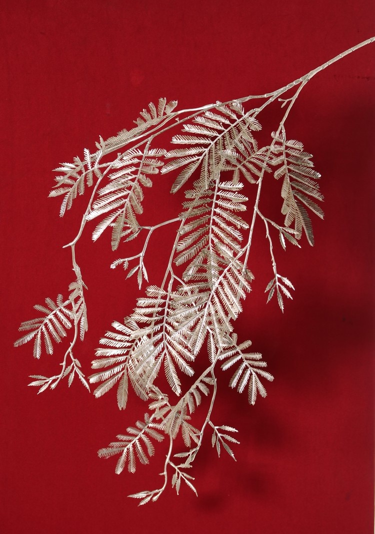 Mimosa branch (Acacia dealbata) 3x branched, 29 plastic fronds, 110 cm
