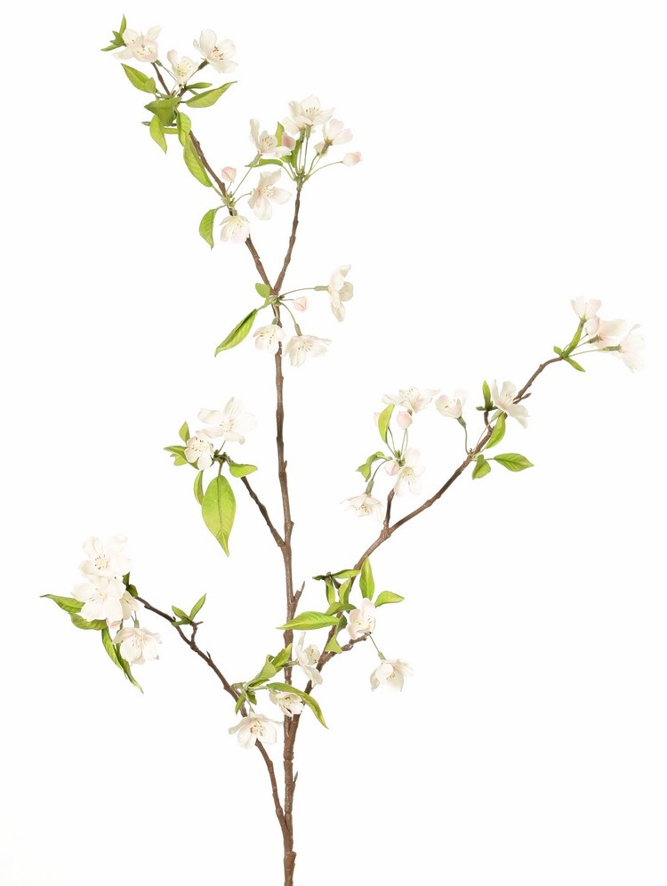 Rama de flor de pera (Pyrus) 3x ramificada con 33 flores, 9 botones florales y 65 hojas, 115 cm