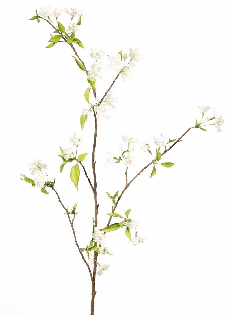 Pear Blossom Branch (Pyrus) 3x branched with 33 flowers, 9 flower buds & 65 leaves, 115 cm